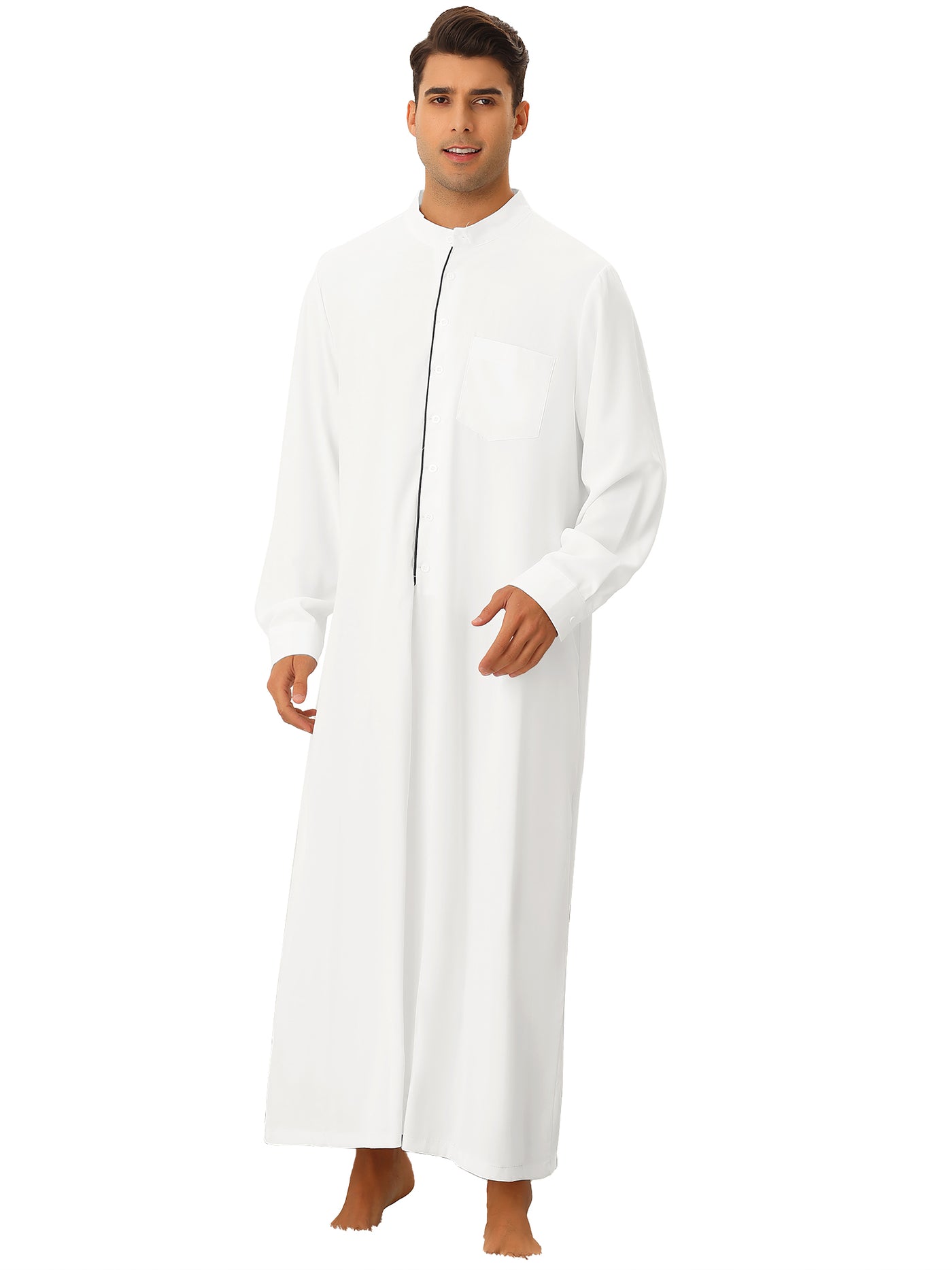 Bublédon Stand Collar Nightshirt for Men's Button Closure Long Sleeves Nightgown Sleep Shirt