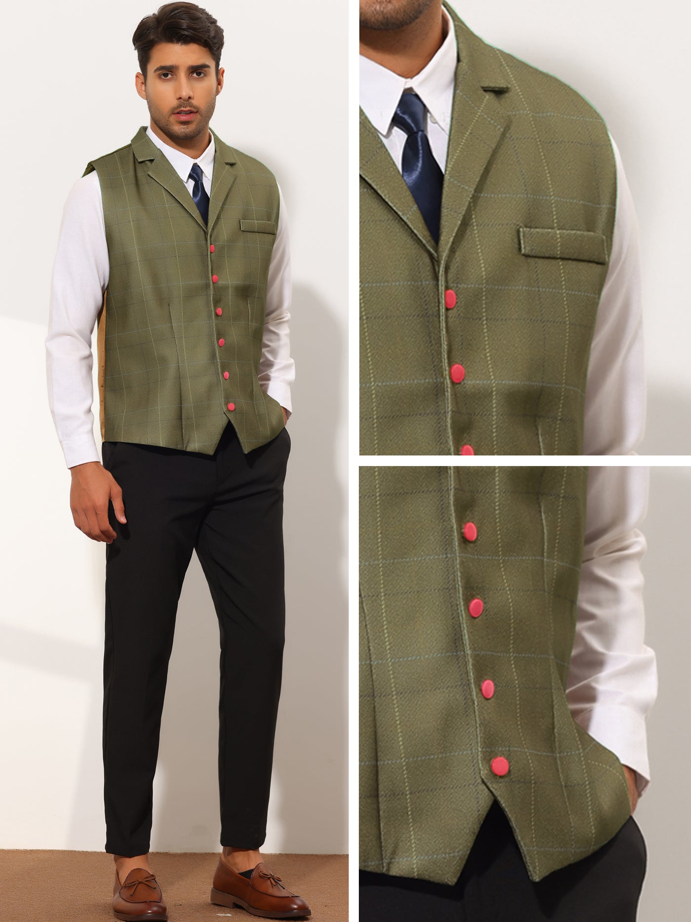 Bublédon Men's Plaid Suit Vest Slim Fit Sleeveless Business Checked Waistcoat