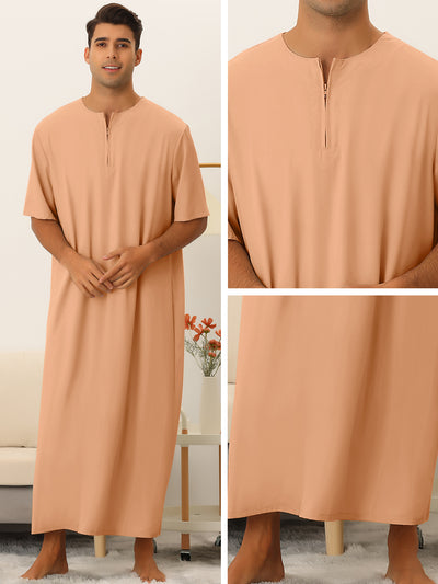 Men's Solid Color Nightshirts Short Sleeve Zipper Loose Fit Pajamas Nightgown