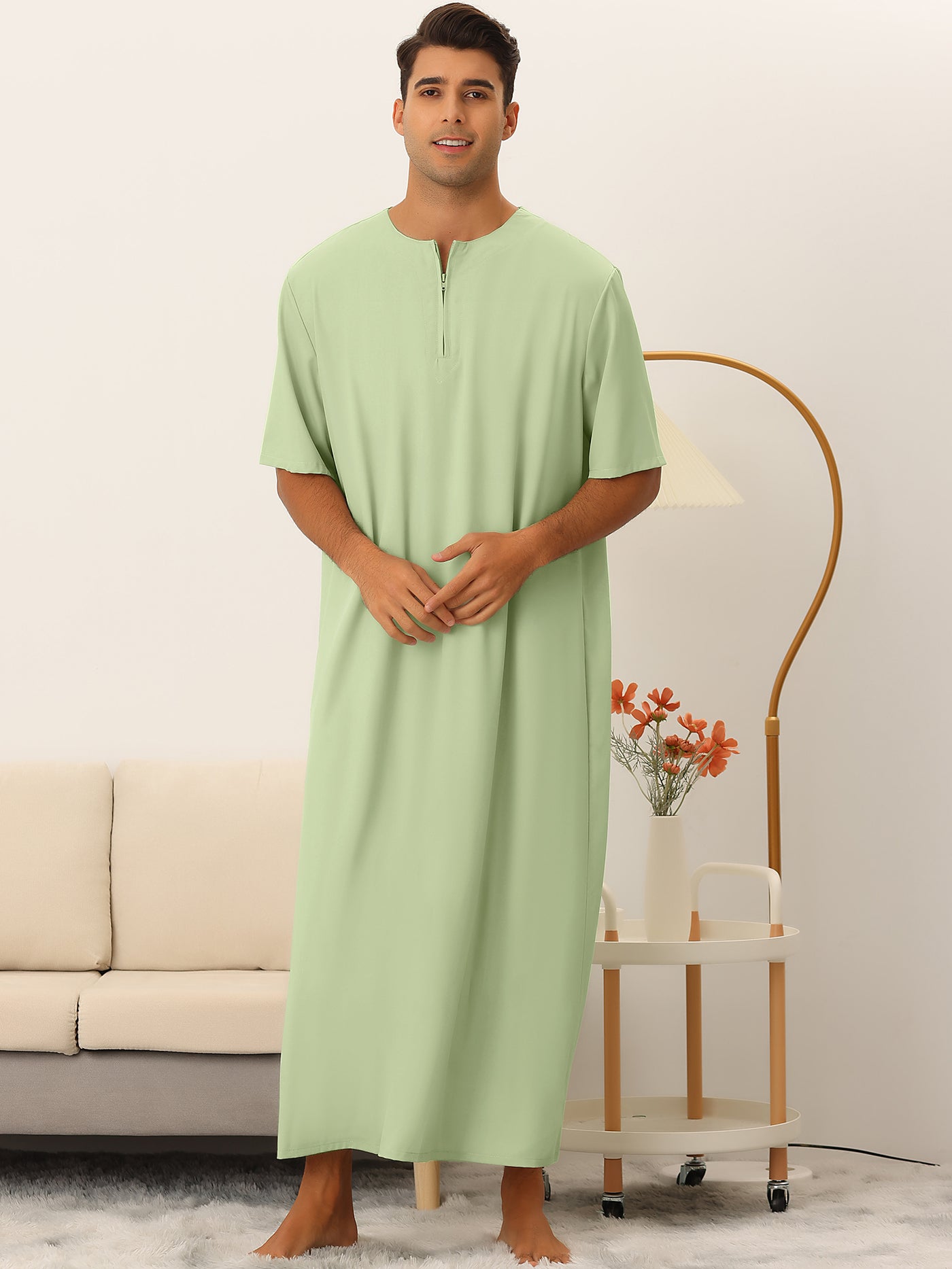 Bublédon Men's Solid Color Nightshirts Short Sleeve Zipper Loose Fit Pajamas Nightgown
