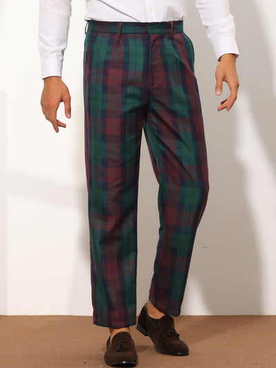 Men's Plaid Straight Fit Flat Front Checked Trousers Pants
