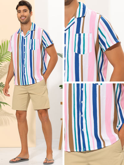Striped Hawaiian Shirt for Men's Camp Collar Color Block Short Sleeves Beach Shirts