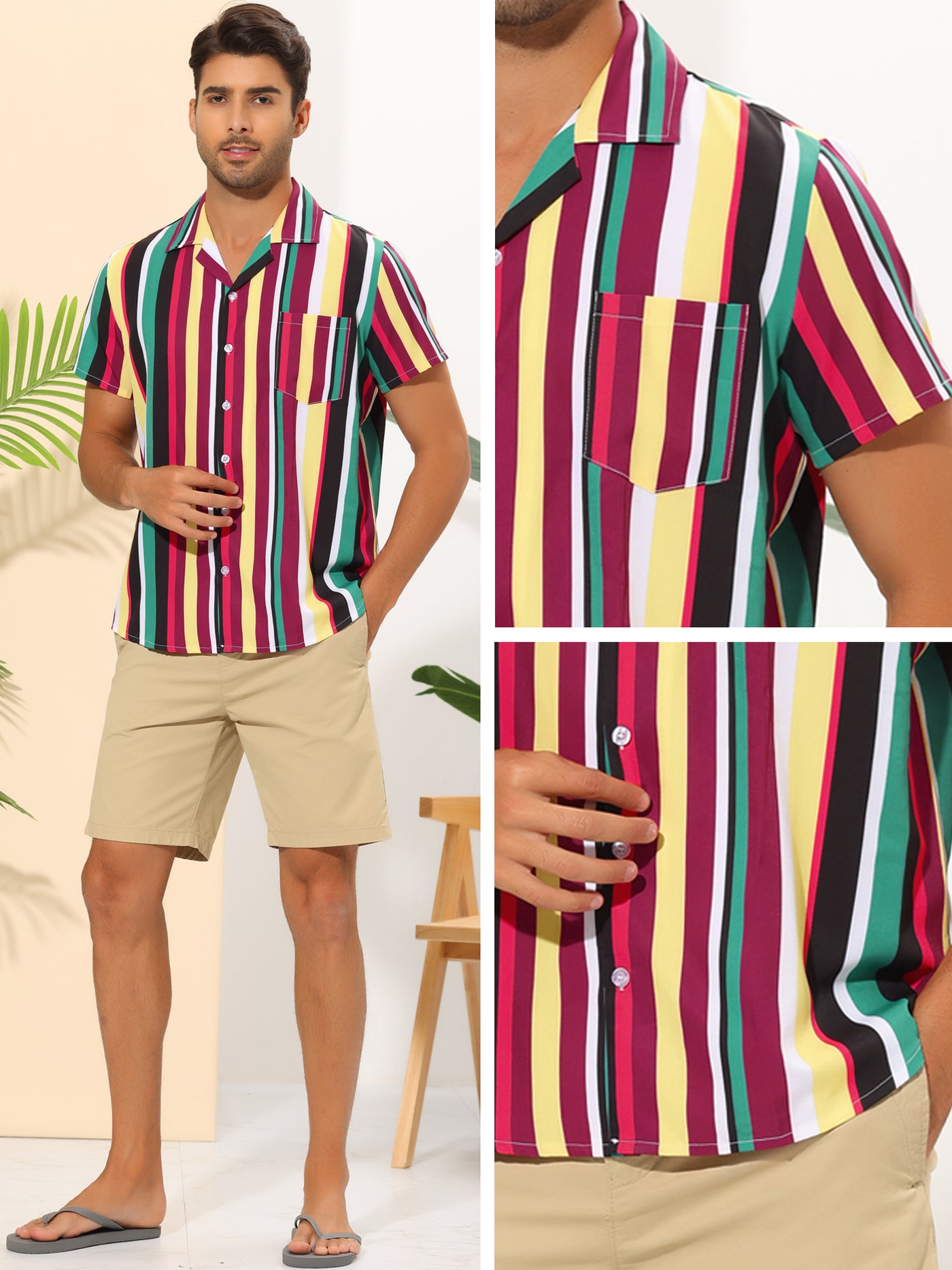 Bublédon Striped Hawaiian Shirt for Men's Camp Collar Color Block Short Sleeves Beach Shirts