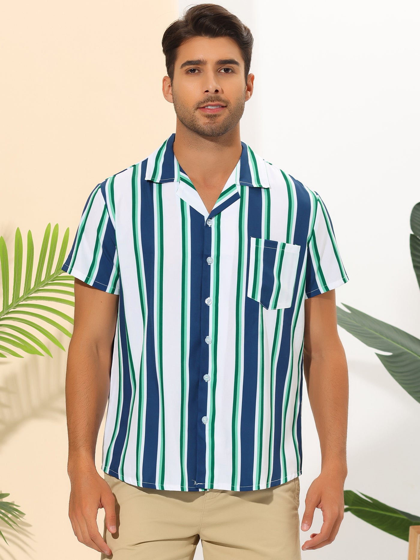 Bublédon Striped Hawaiian Shirt for Men's Camp Collar Color Block Short Sleeves Beach Shirts