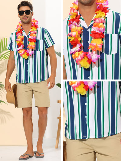Striped Hawaiian Shirt for Men's Camp Collar Color Block Short Sleeves Beach Shirts