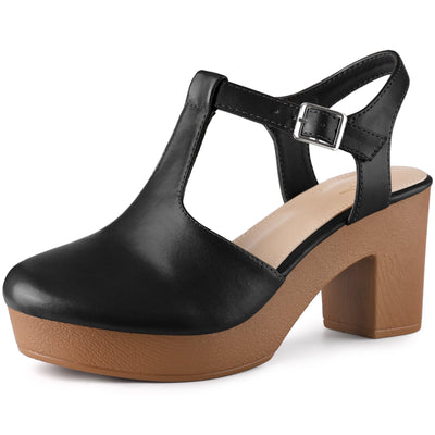 Platform T-Strap Clog Shoes Chunky Heels Sandals for Women