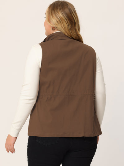 Plus Size Utility Stand Collar Cargo Pocket Sleeveless Vest