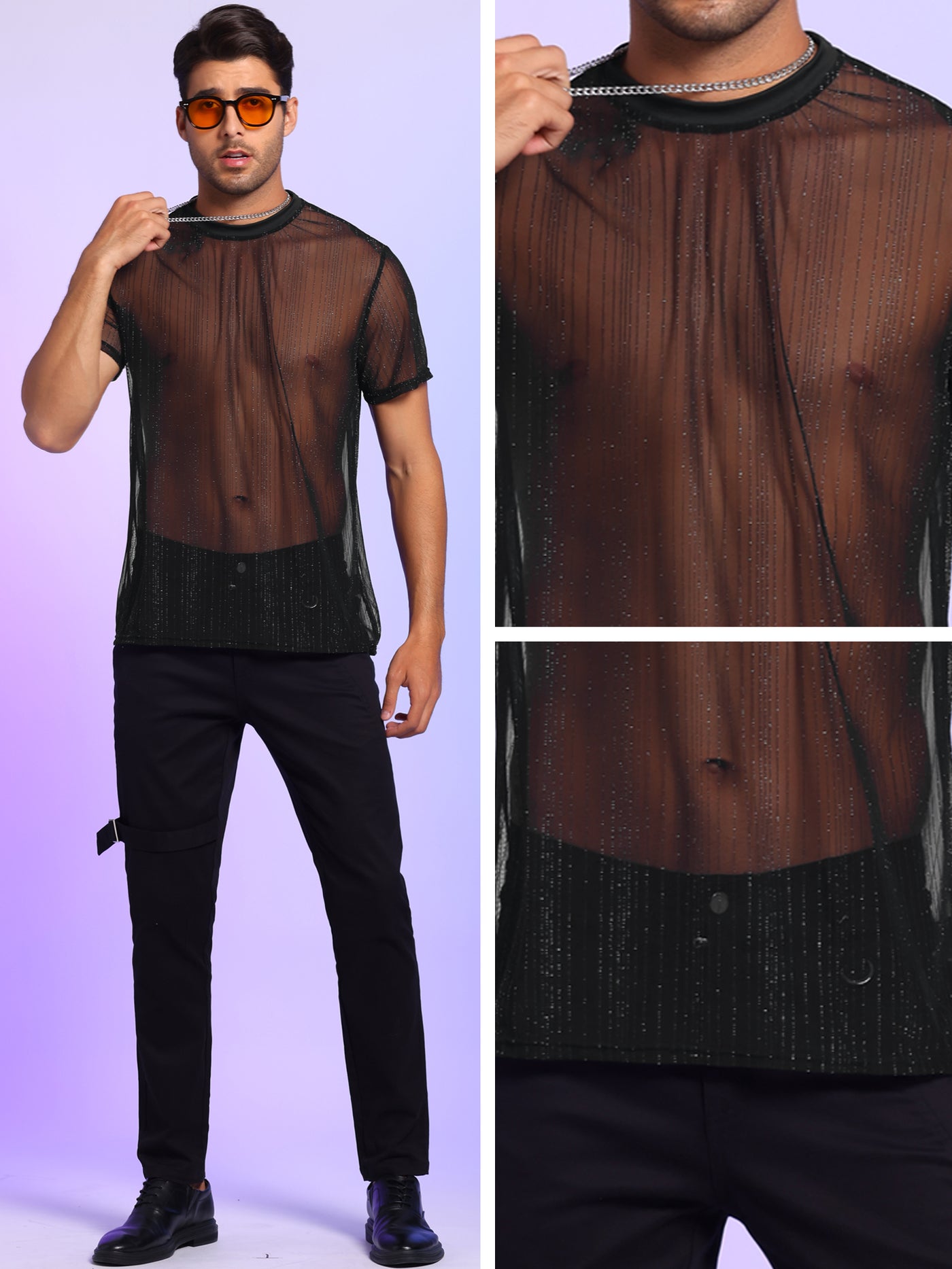 Bublédon Striped Sheer Mesh T-Shirt for Men's Short Sleeves See Through Shiny Nightclub Tee Tops