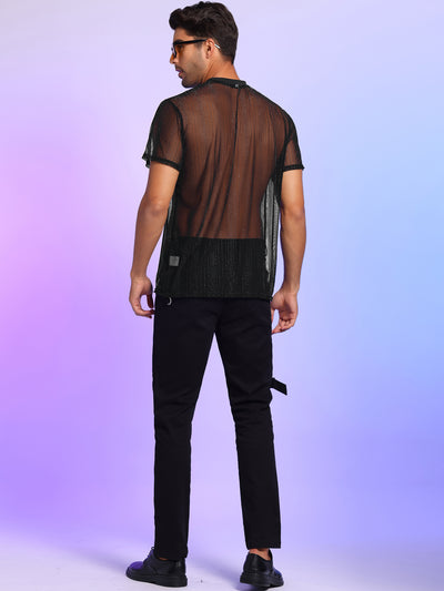 Striped Sheer Mesh T-Shirt for Men's Short Sleeves See Through Shiny Nightclub Tee Tops