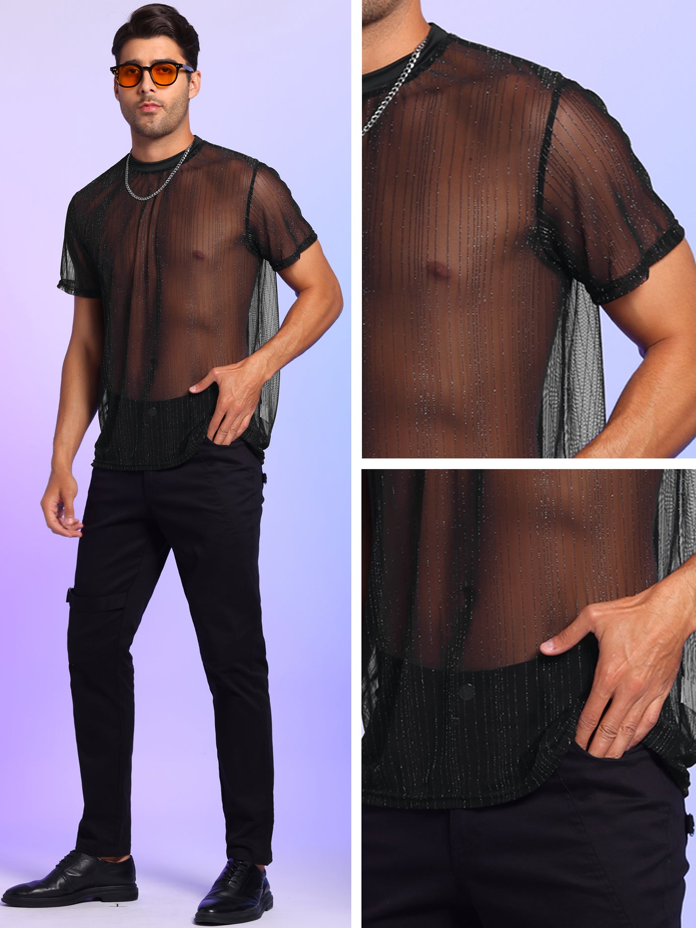 Bublédon Striped Sheer Mesh T-Shirt for Men's Short Sleeves See Through Shiny Nightclub Tee Tops