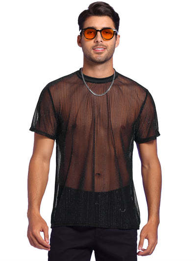 Striped Sheer Mesh T-Shirt for Men's Short Sleeves See Through Shiny Nightclub Tee Tops