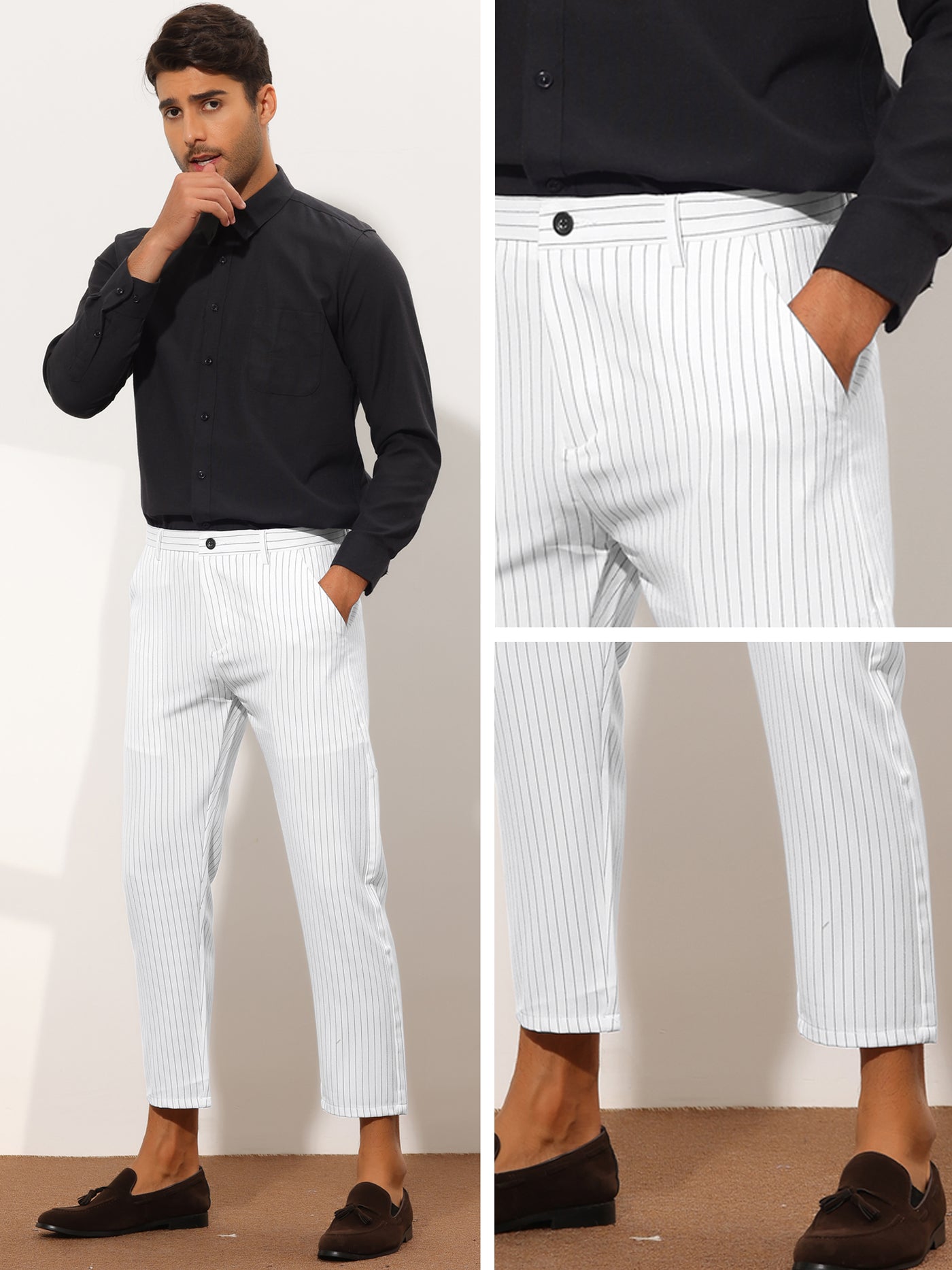 Bublédon Men's Striped CroppedSlim Fit Flat Front Office Business Dress Pants