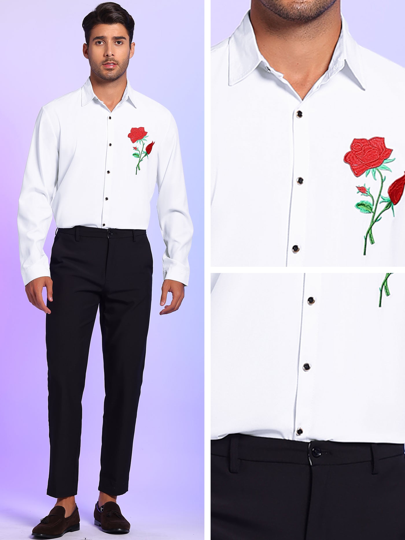 Bublédon Men's Point Collar Long Sleeves Button Floral Embroidery Shirt
