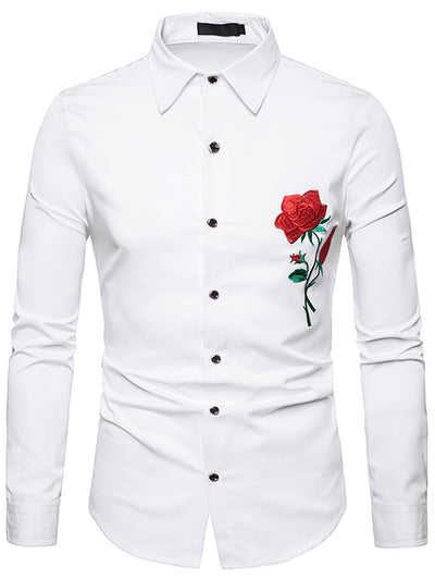 Men's Point Collar Long Sleeves Button Floral Embroidery Shirt