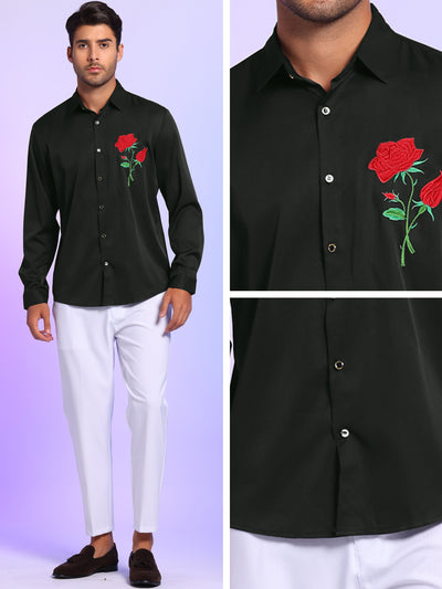 Men's Point Collar Long Sleeves Button Floral Embroidery Shirt