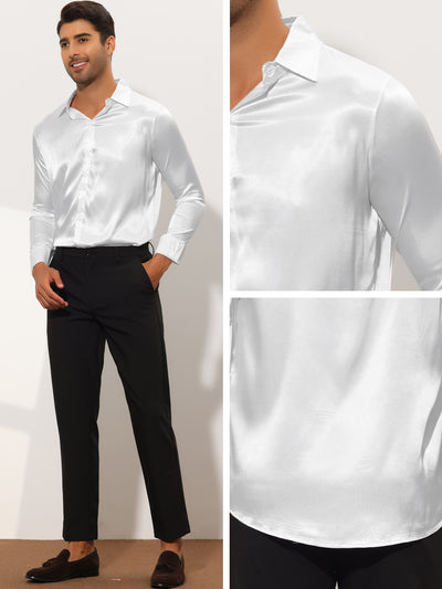 Men's Satin Point Collar Long Sleeve Button Solid Prom Shirts