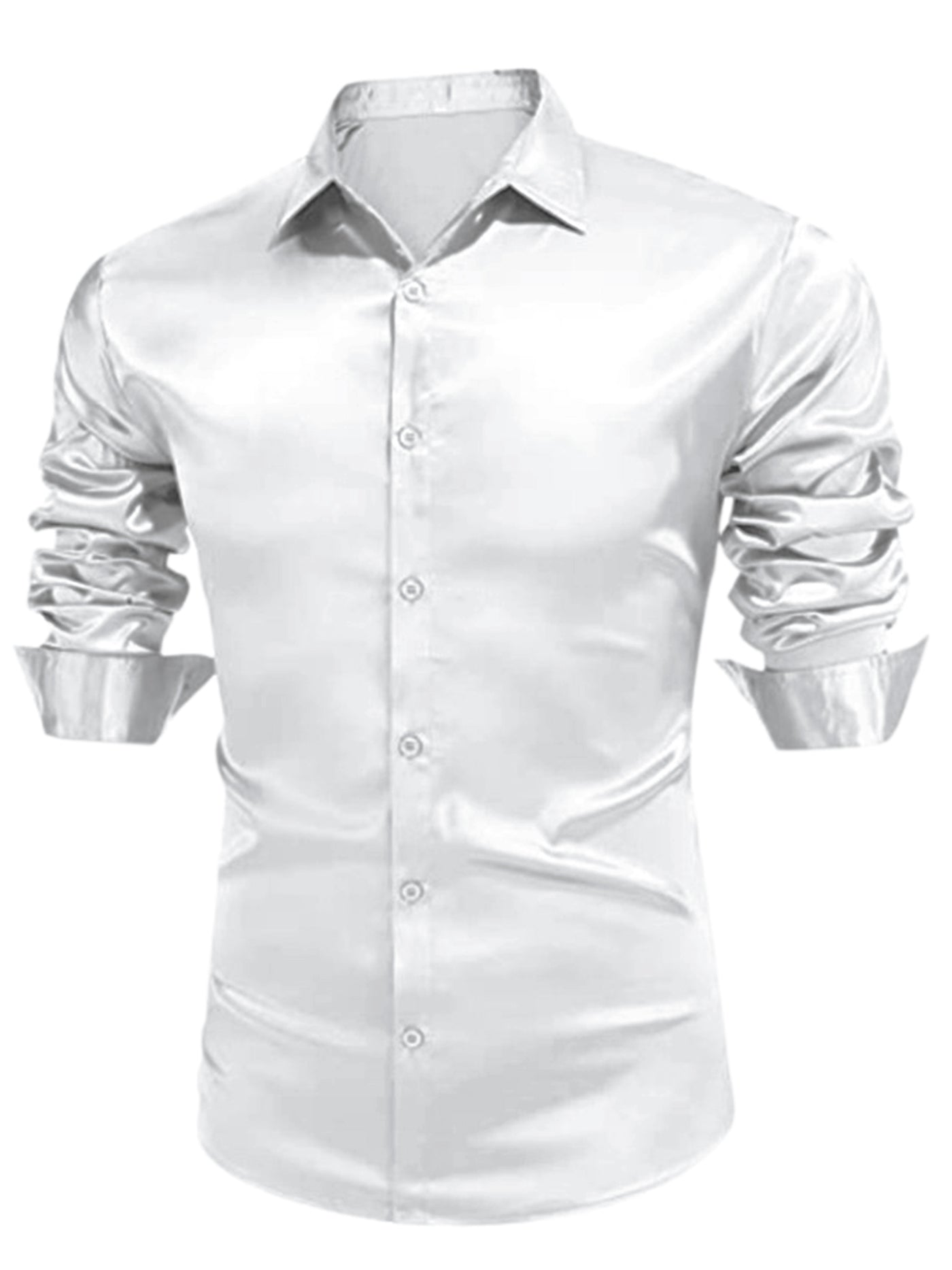 Bublédon Men's Satin Point Collar Long Sleeve Button Solid Prom Shirts