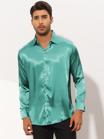 Men's Satin Point Collar Long Sleeve Button Solid Prom Shirts