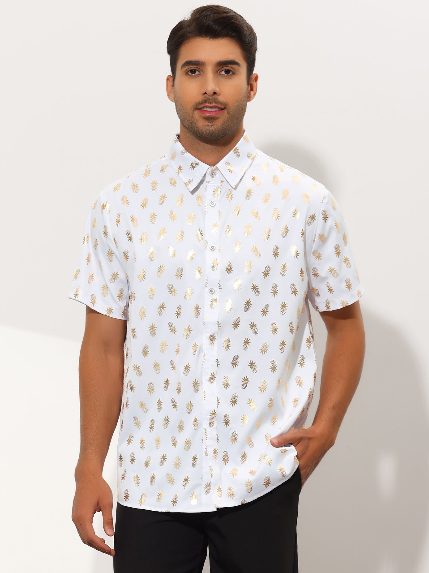 Bublédon Pineapple Shiny Printed Short Sleeve Dress Shirts