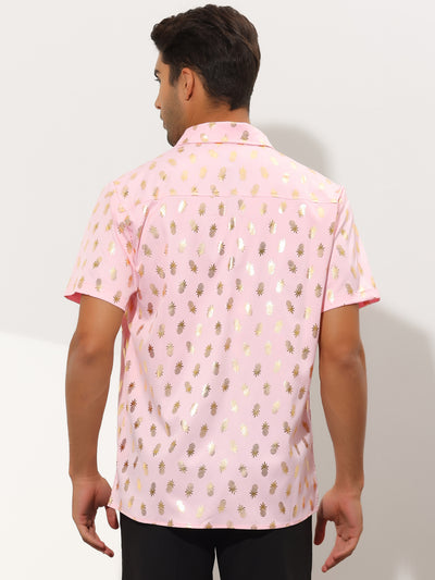 Pineapple Shiny Printed Short Sleeve Dress Shirts
