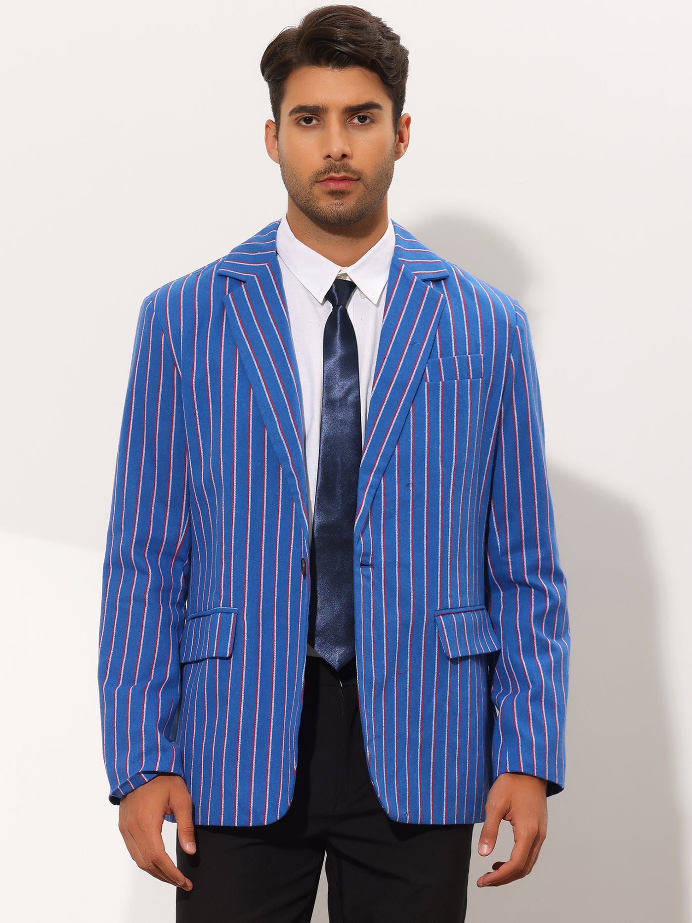 Bublédon Men's Contrasting Color Striped Notched Lapel Single Breasted Blazer