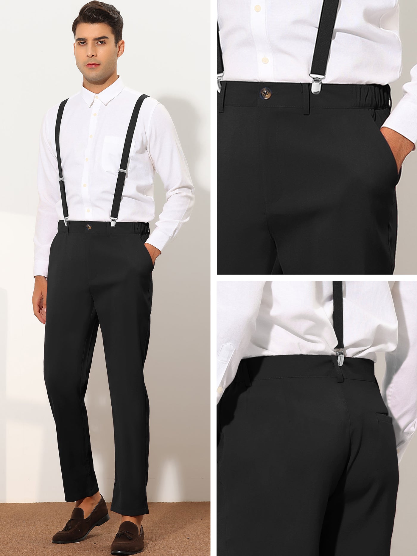 Bublédon Men's Cropped Flat Front Casual Solid Tapered Suspender Pants