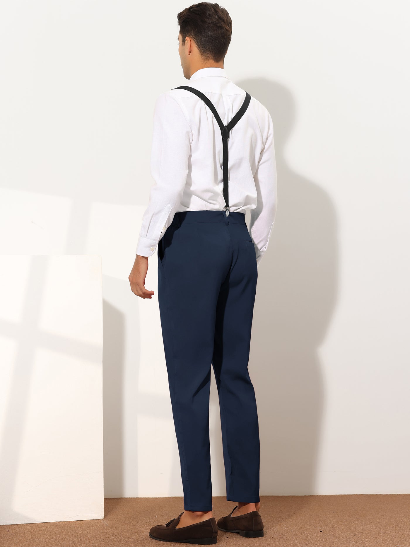 Bublédon Men's Cropped Flat Front Casual Solid Tapered Suspender Pants