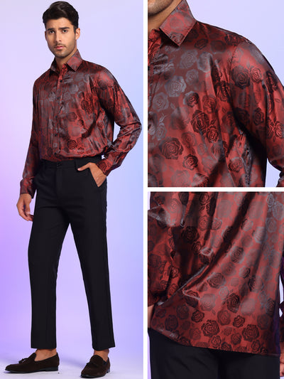 Men's Floral Long Sleeves Shiny Rose Printed Dress Shirts