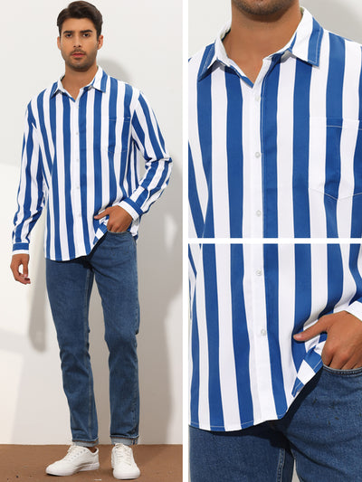 Men's Striped Shirt Long Sleeve Button Down Color Block Shirts