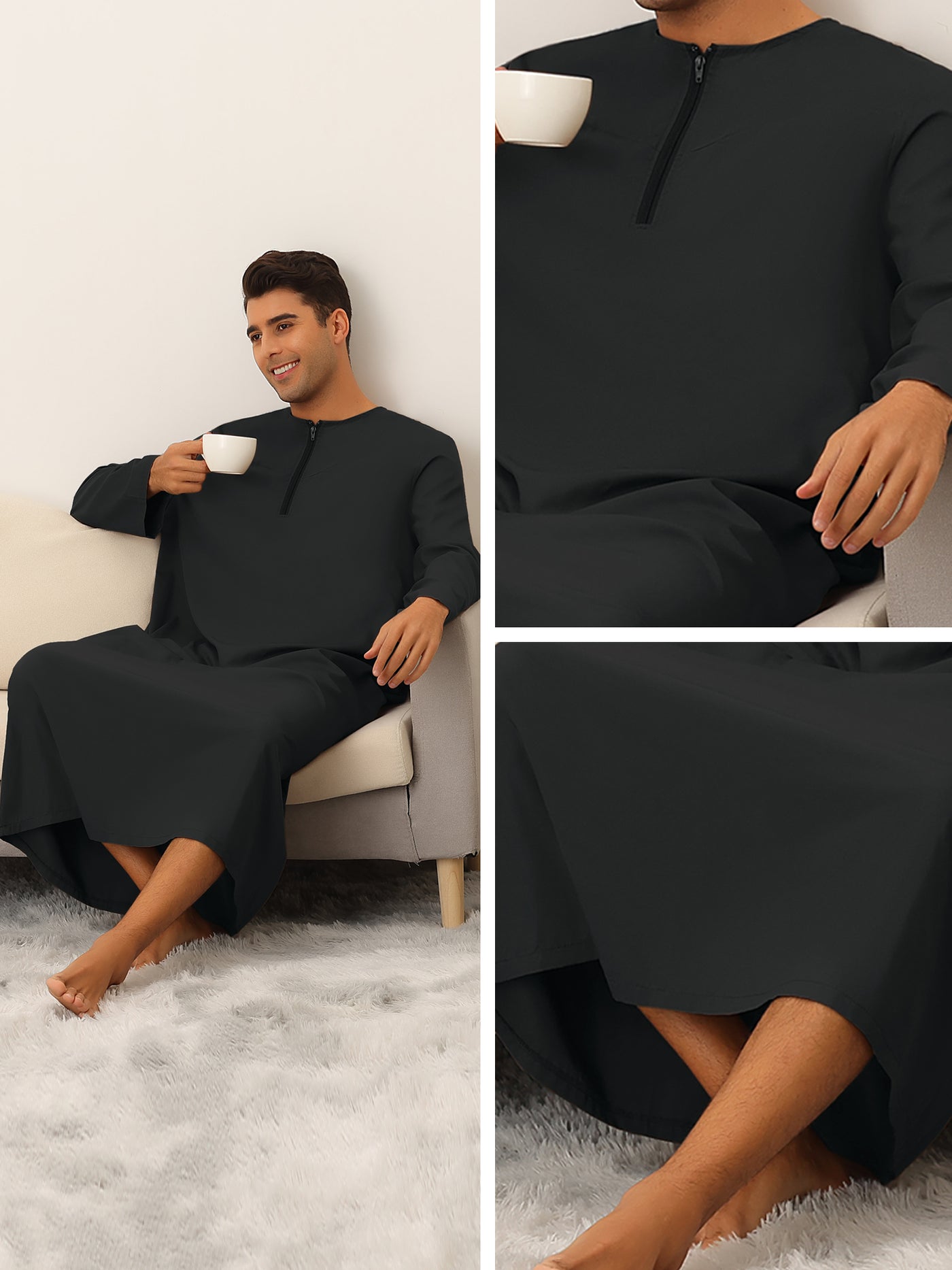 Bublédon Men's Nightshirt Long Sleeves Round Neck Loose-Fit Loungewear Pajamas Gown