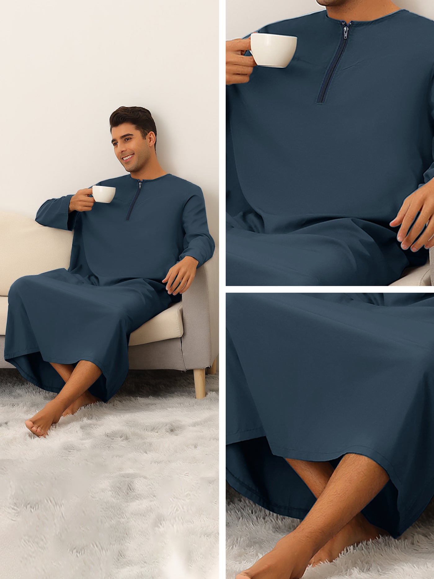 Bublédon Men's Nightshirt Long Sleeves Round Neck Loose-Fit Loungewear Pajamas Gown
