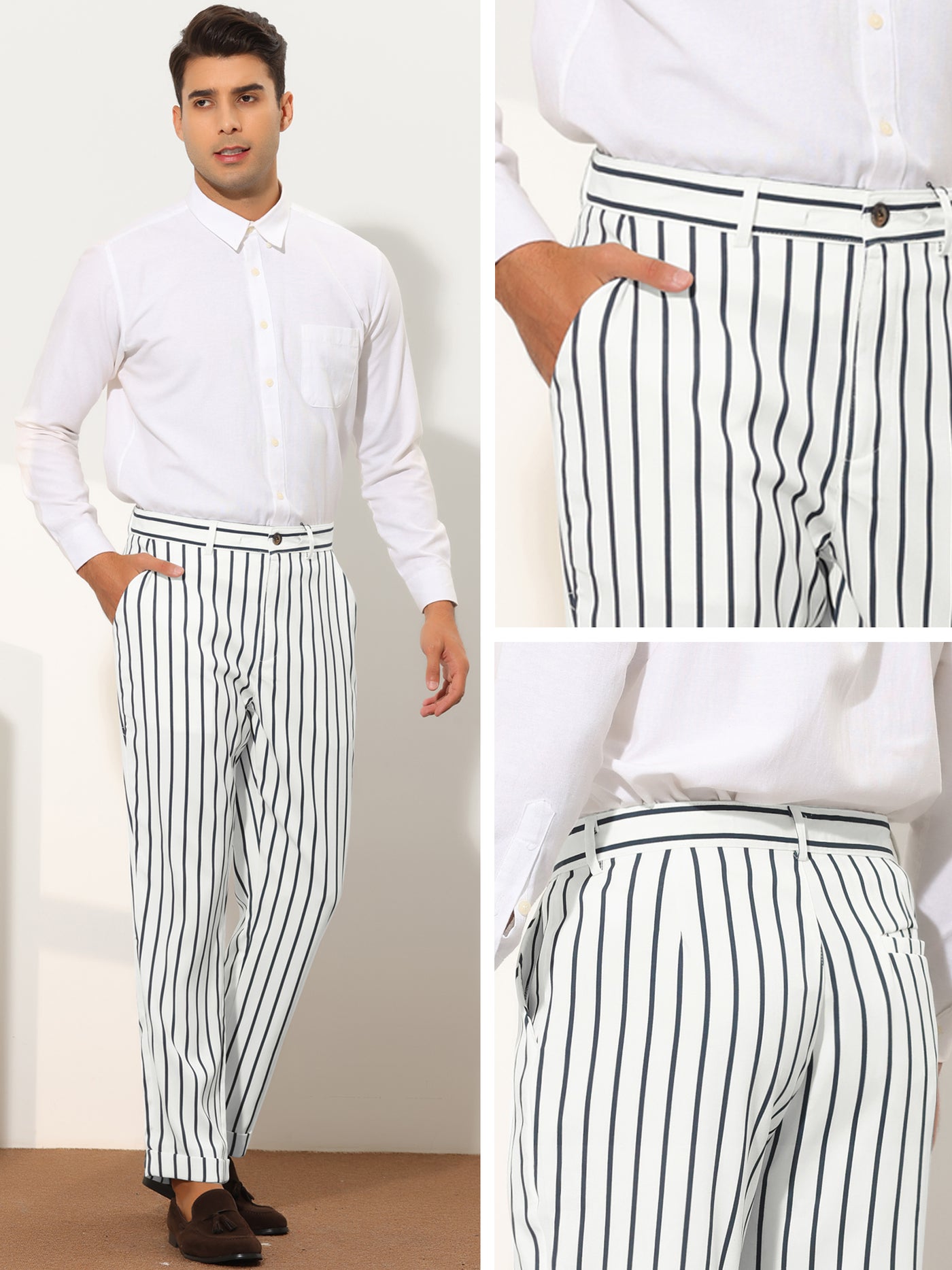 Bublédon Men's Striped Regular Fit Flat Front Business Tapered Pants