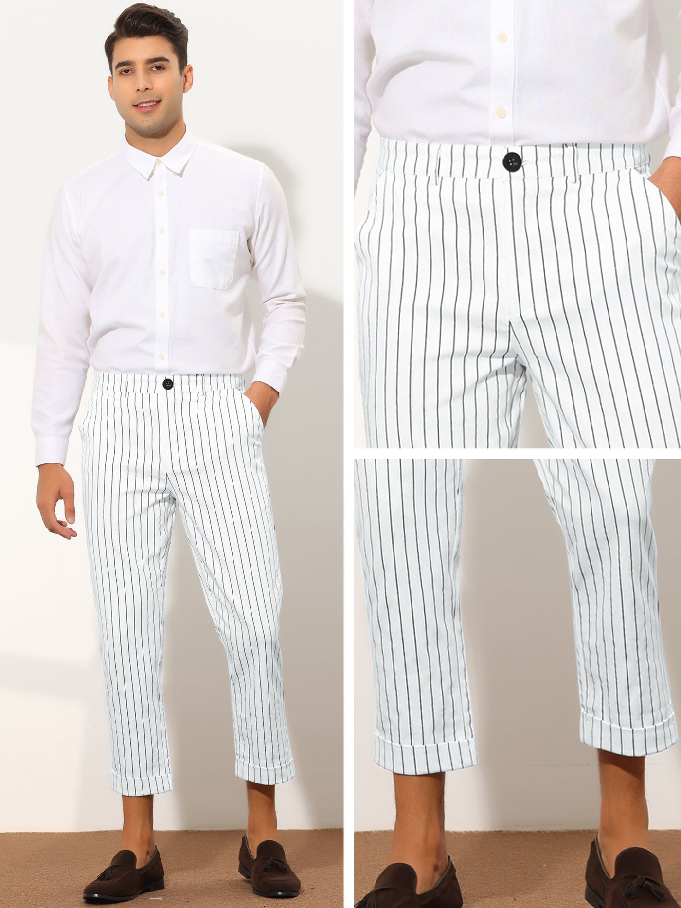 Bublédon Men's Striped Slim Fit Flat Front Cropped Ankle Length Office Dress Pants