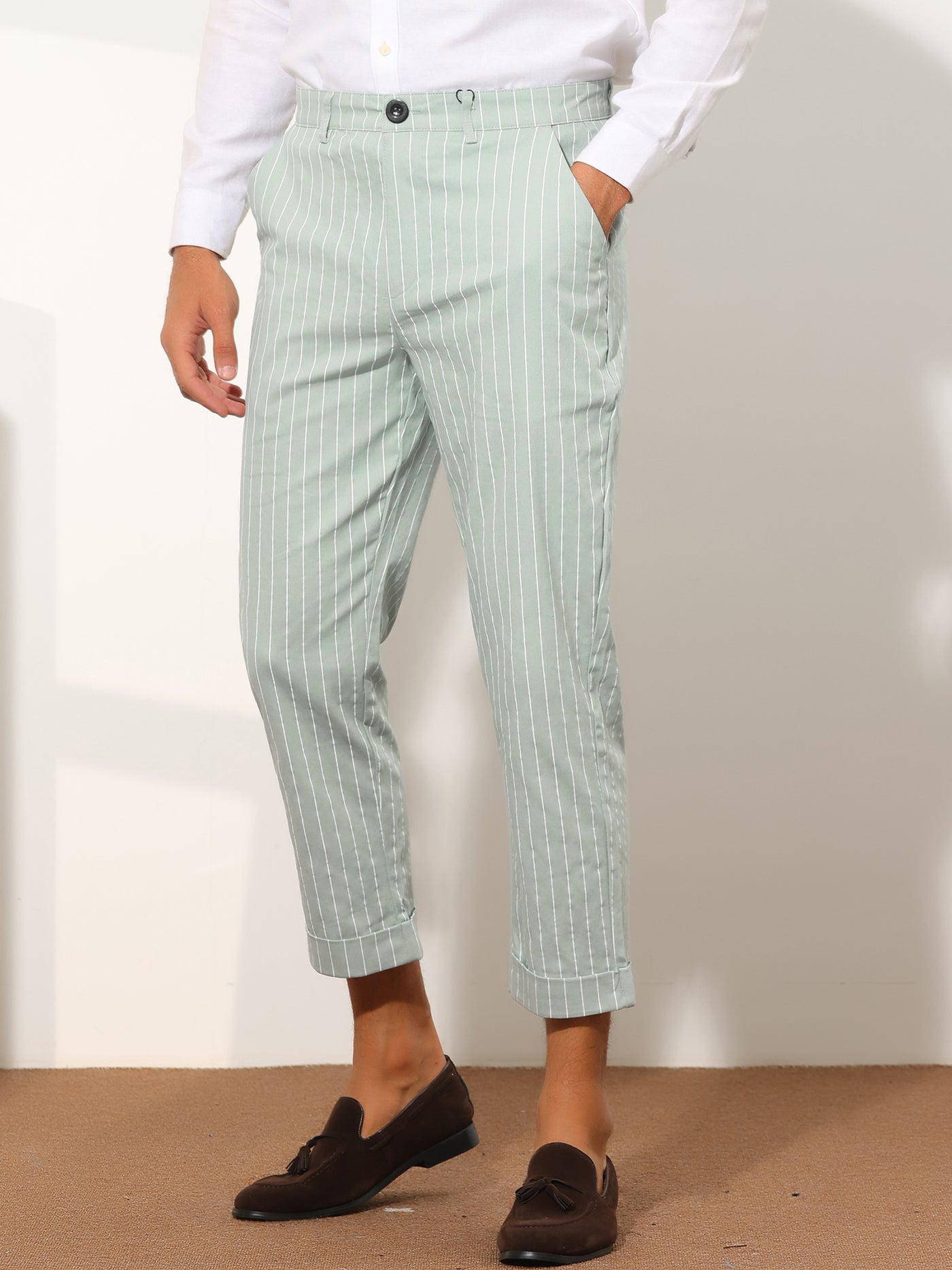 Bublédon Men's Striped Slim Fit Flat Front Cropped Ankle Length Office Dress Pants