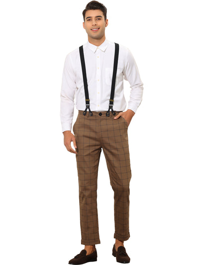 Formal Plaid Dress Pants for Men's Slim Fit Tapered Checked Trousers with Suspender