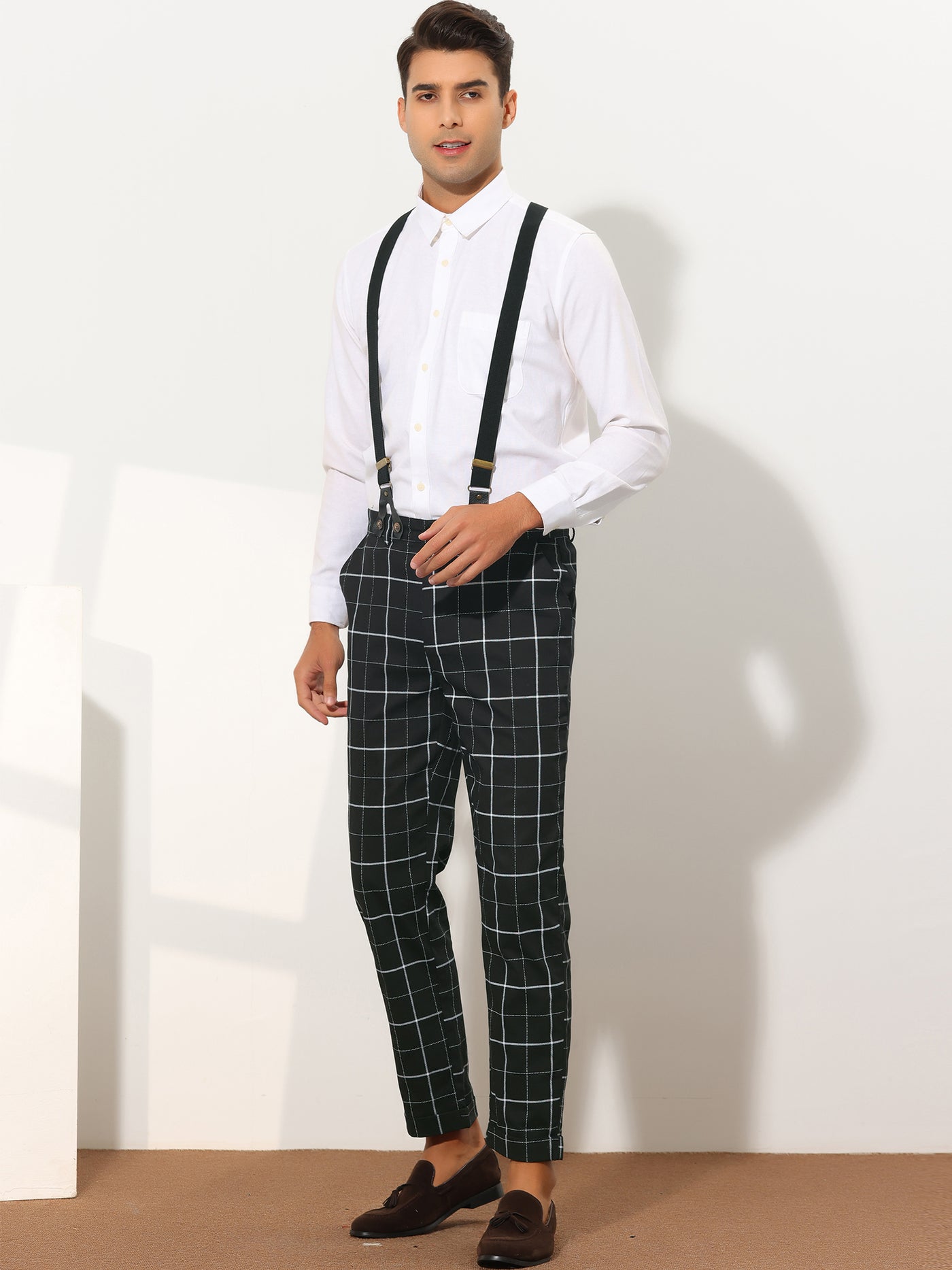 Bublédon Formal Plaid Dress Pants for Men's Slim Fit Tapered Checked Trousers with Suspender