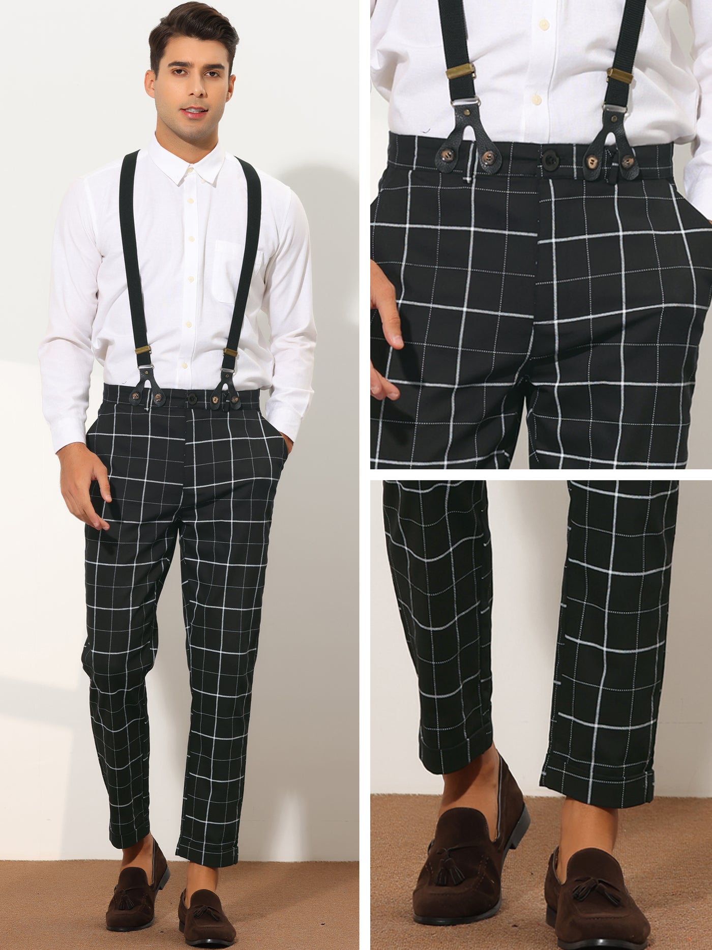 Bublédon Formal Plaid Dress Pants for Men's Slim Fit Tapered Checked Trousers with Suspender