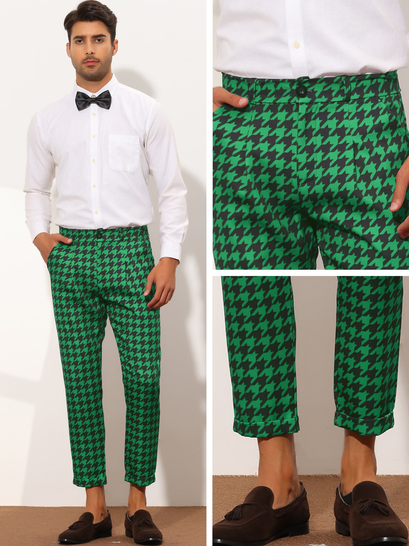 Bublédon Men's Plaid Slim Fit Houndstooth Checked Cropped Dress Pants