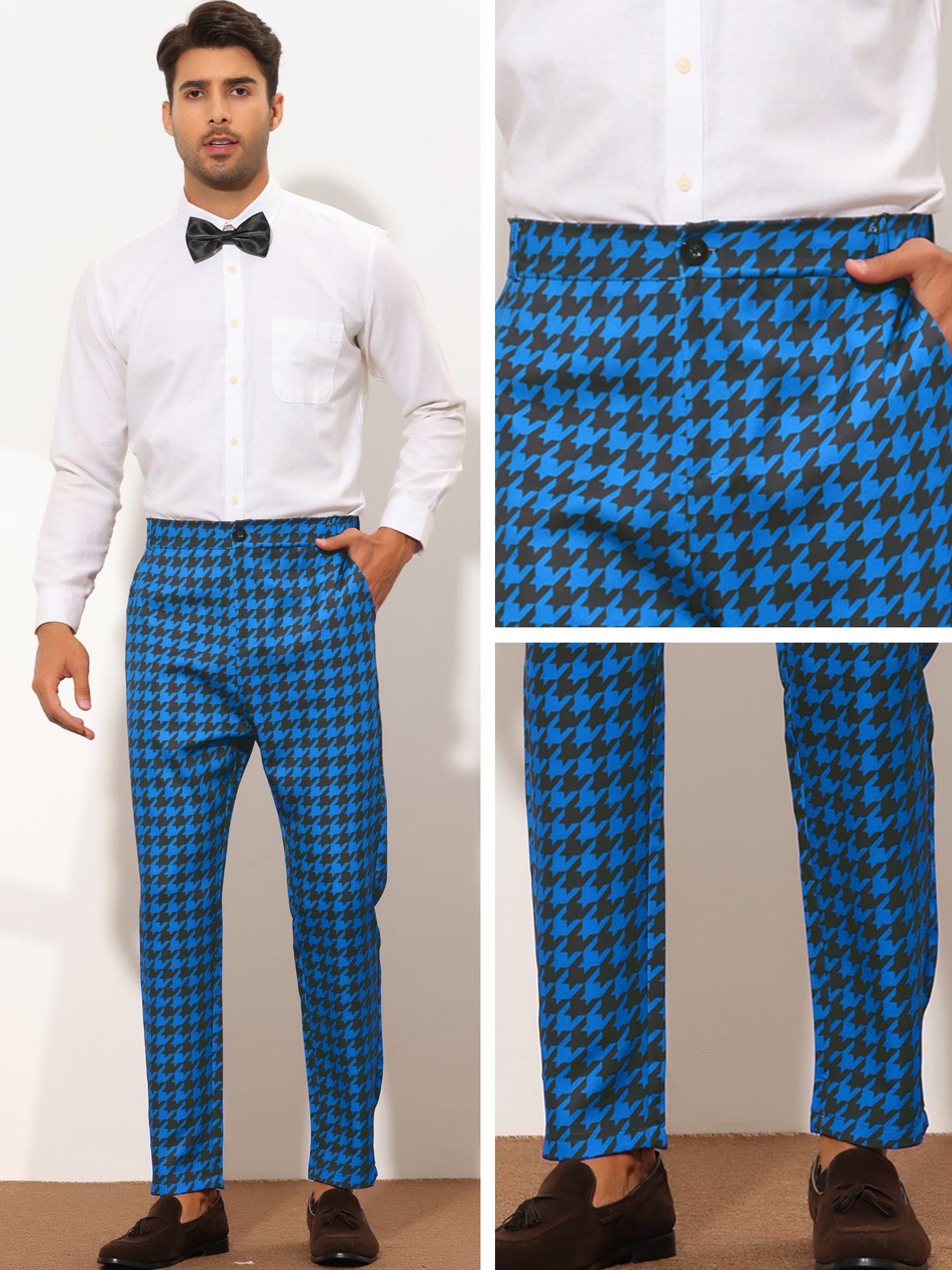 Bublédon Men's Houndstooth Big and Tall Regular Fit Plaid Checked Dress Pants