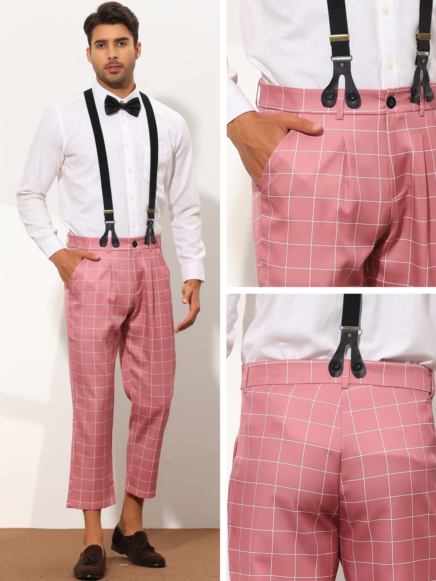 Bublédon Men's Business Slim Fit Checked Dress Pants with Suspender