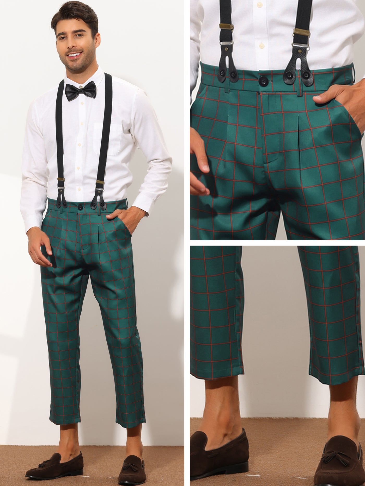 Bublédon Men's Business Slim Fit Checked Dress Pants with Suspender