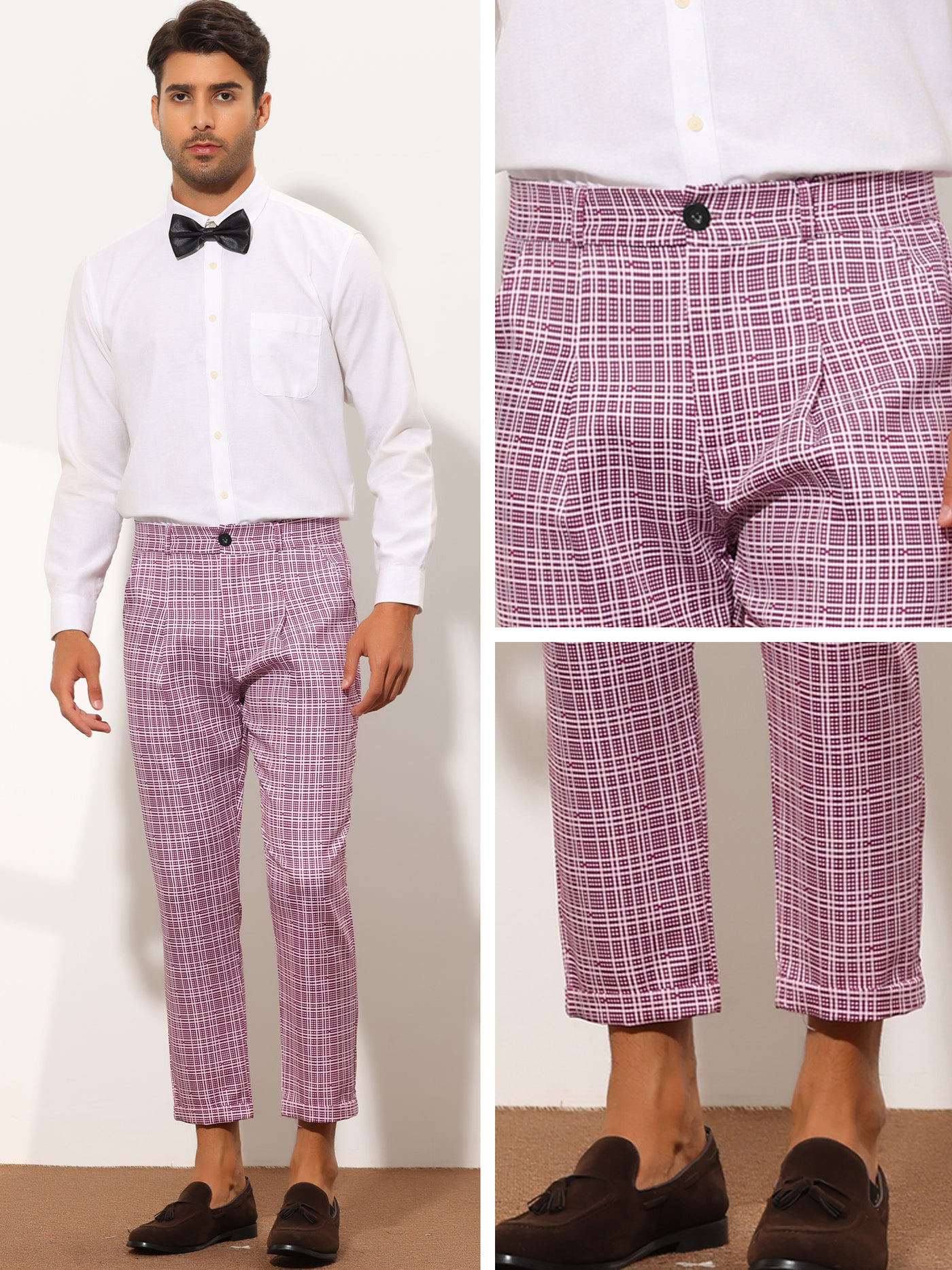 Bublédon Men's Plaid Cropped Slim Fit Business Checked Slacks Dress Pants