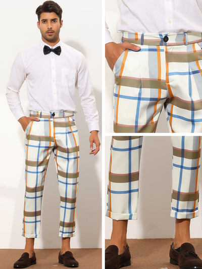 Men's Plaid Cropped Slim Fit Business Checked Slacks Dress Pants