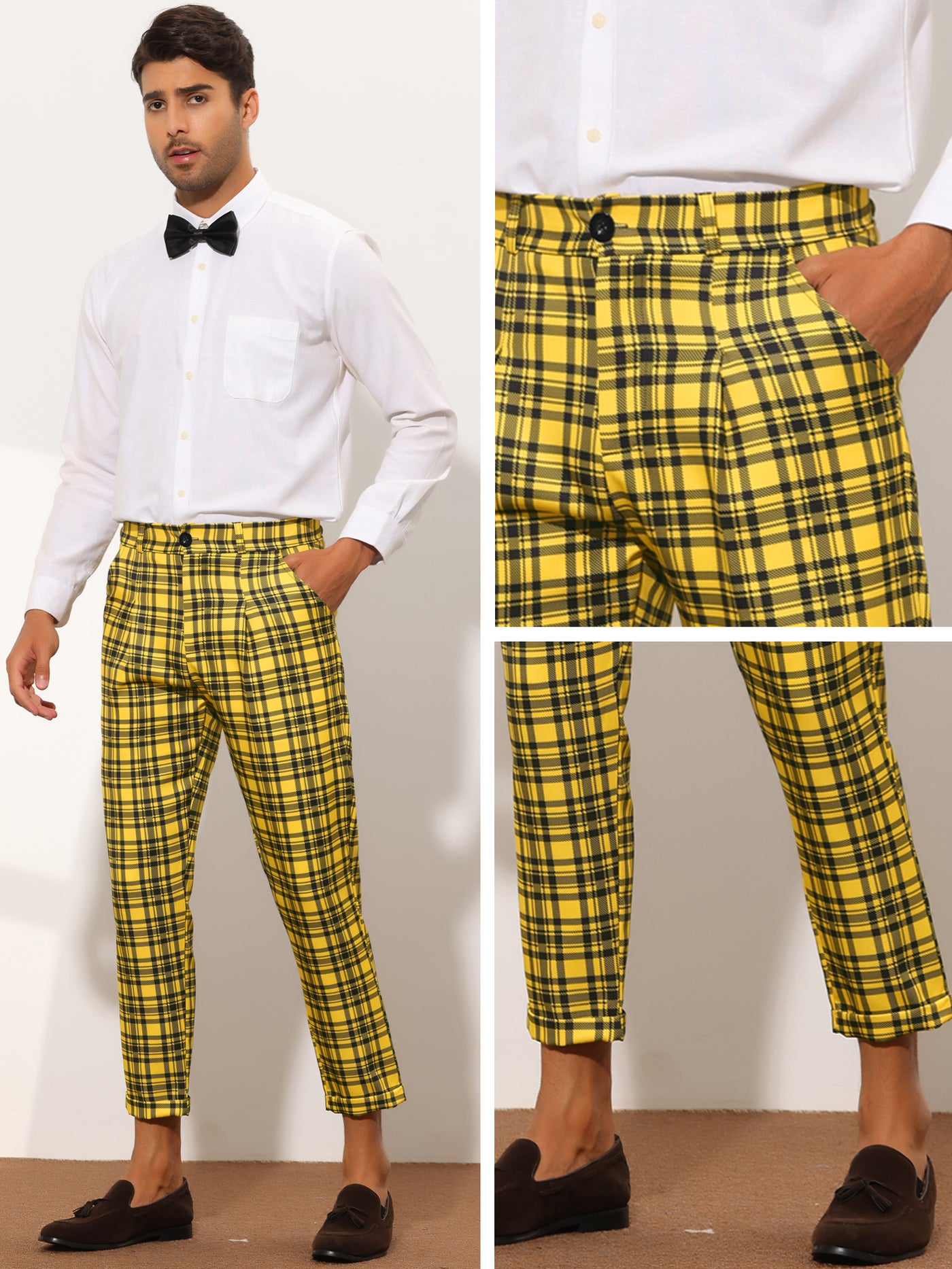 Bublédon Men's Plaid Cropped Slim Fit Business Checked Slacks Dress Pants