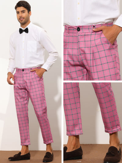 Men's Plaid Slim Fit Ankle Length Tapered Checked Cropped Dress Pant