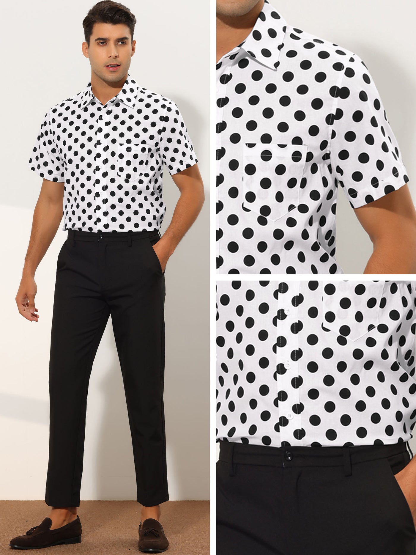 Bublédon Men's Slim Fit Polka Dots Button Short Sleeves Dress Shirts