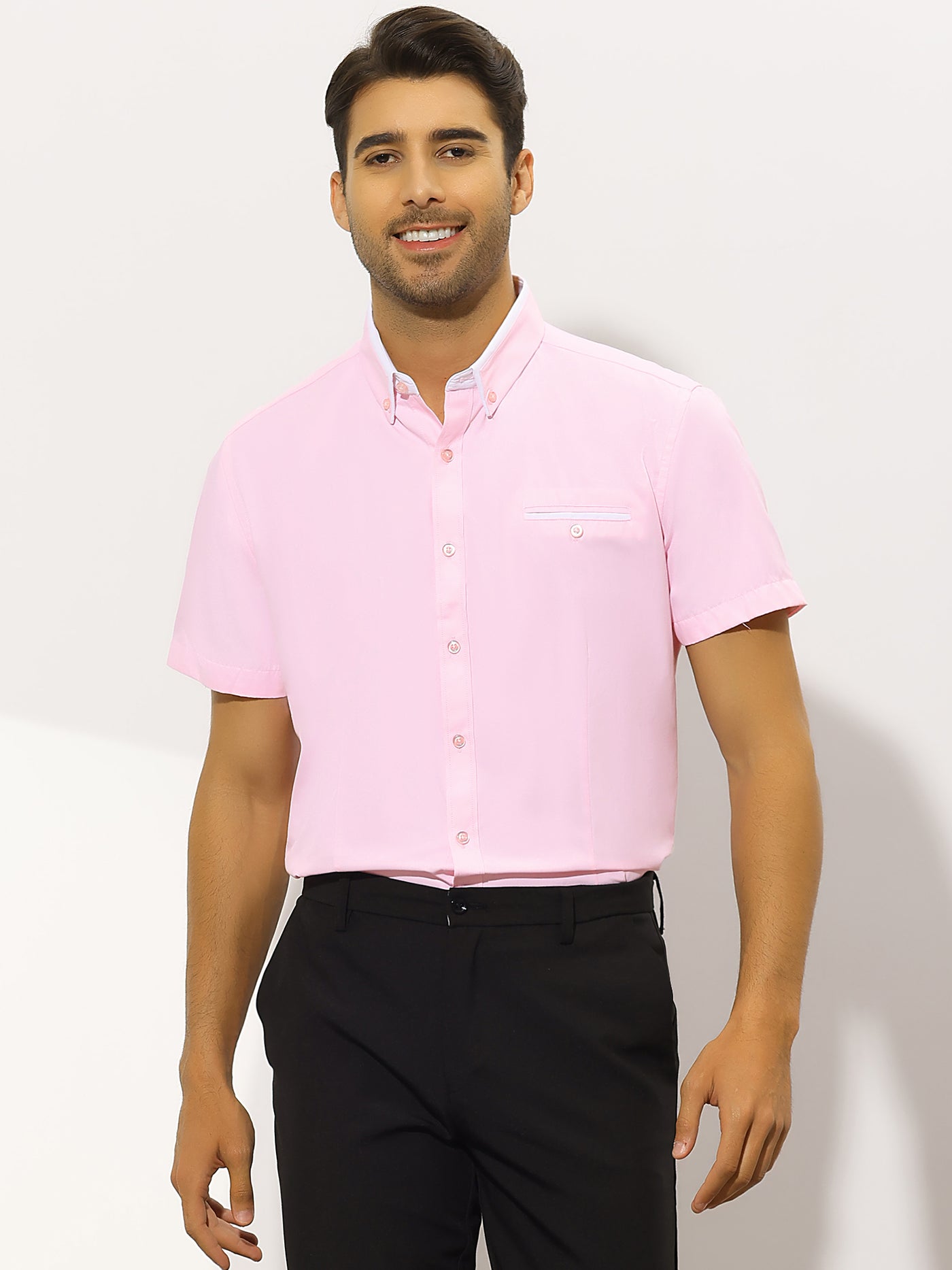 Bublédon Men's Regular Fit Contrast Collar Button Down Short Sleeves Shirts