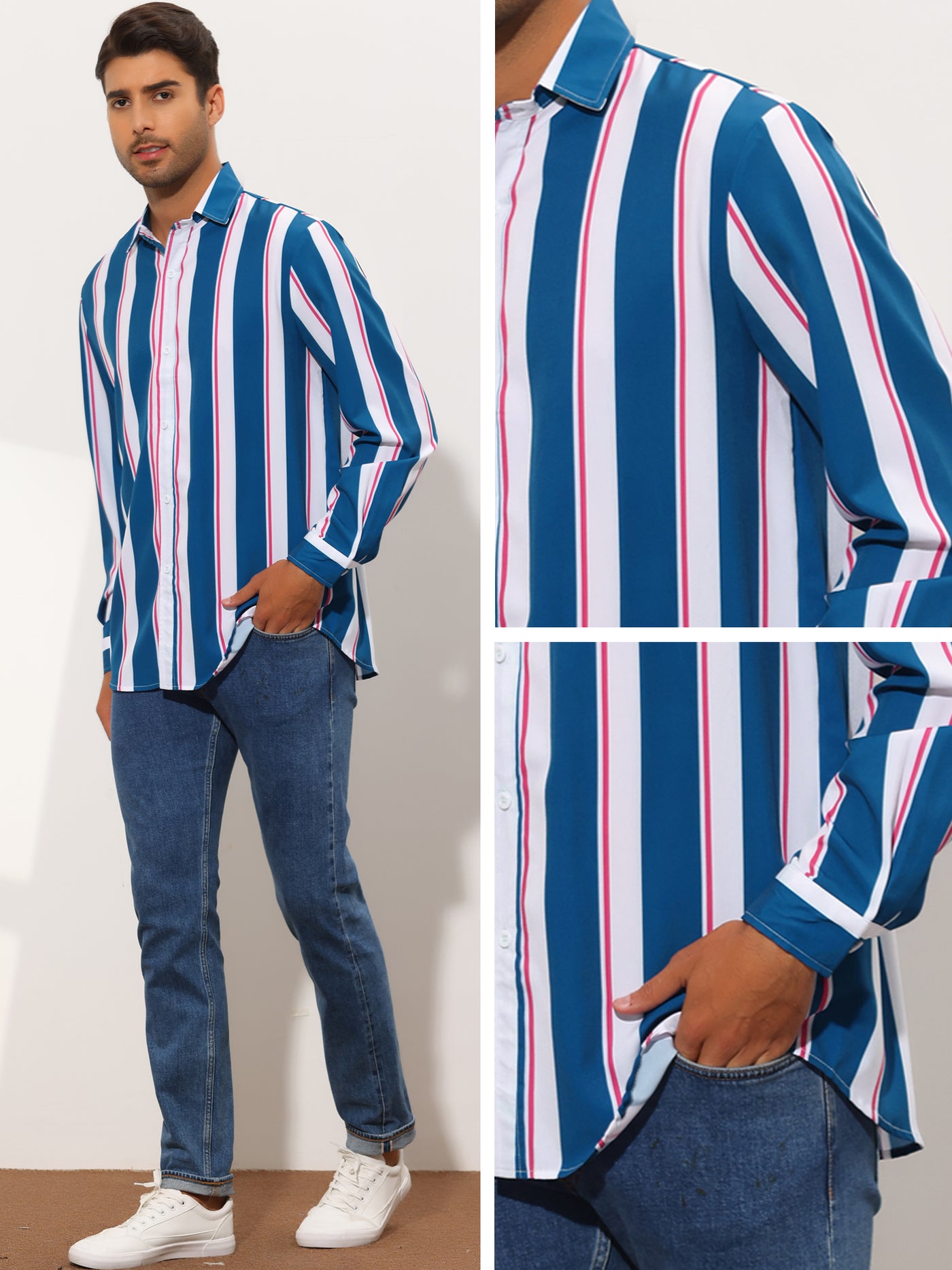 Bublédon Men's Stripes Long Sleeves Pointed Collar Button Down Casual Shirt