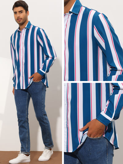 Men's Stripes Long Sleeves Pointed Collar Button Down Casual Shirt