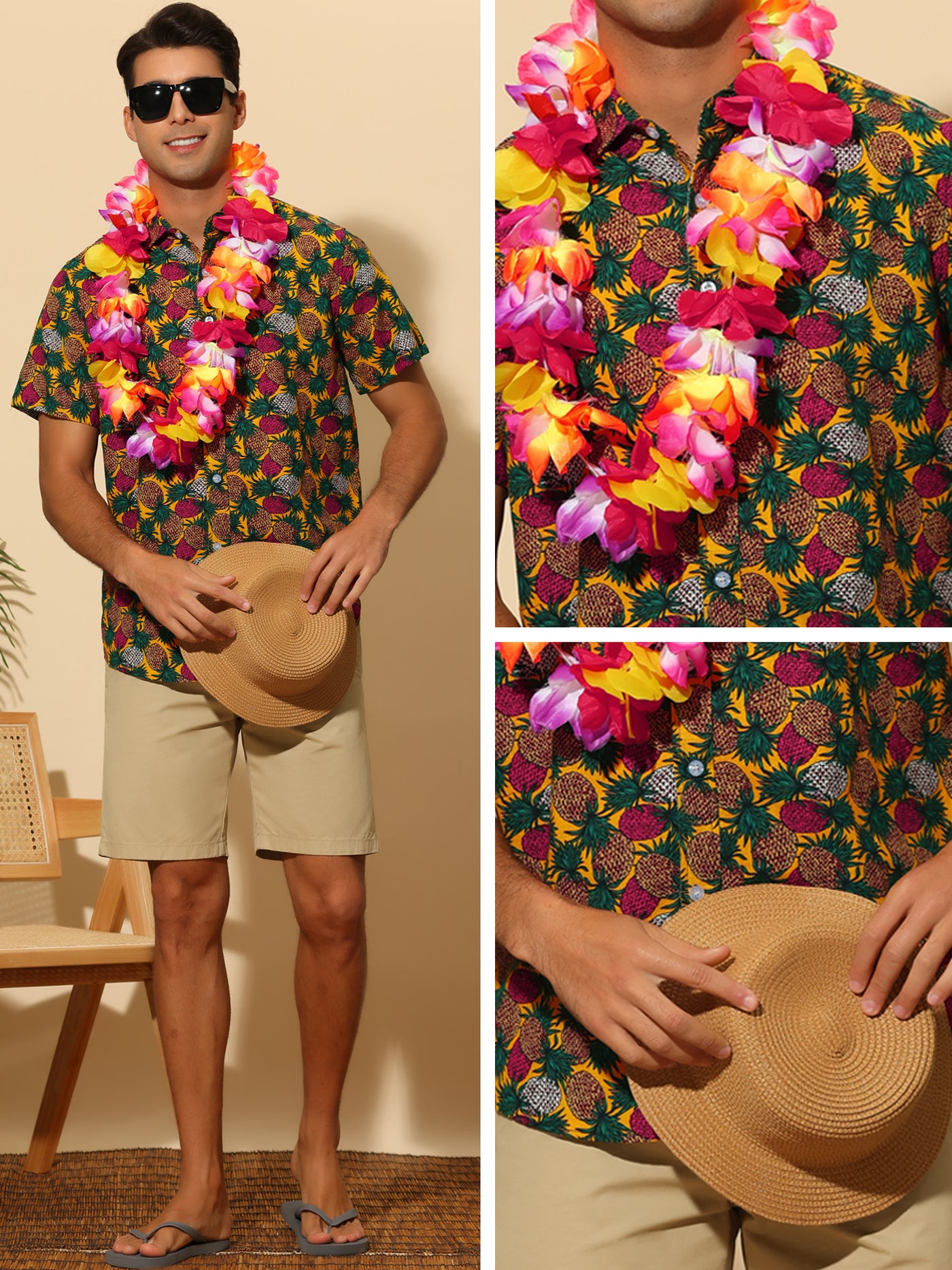 Bublédon Pineapple Print Shirt for Men's Hawaiian Short Sleeve Tropical Fruit Printed Shirts